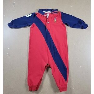 Ralph Lauren Polo One Piece Boy 6M Blue Striped Collared Long Sleeve Pony Casual